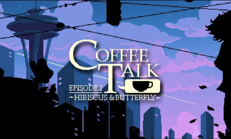Coffee Talk Episode 2 Key Art showing the title against a Seattle backdrop with the Space Needle in the background and a shadowed figure on the right.