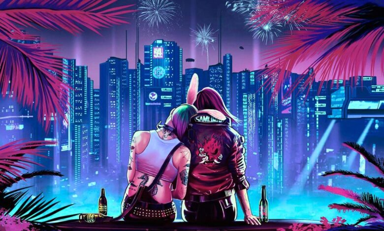 An illustration of Judy and V from Cyberpunk 2077 looking out onto Night City and watching fireworks explode above the skyline.