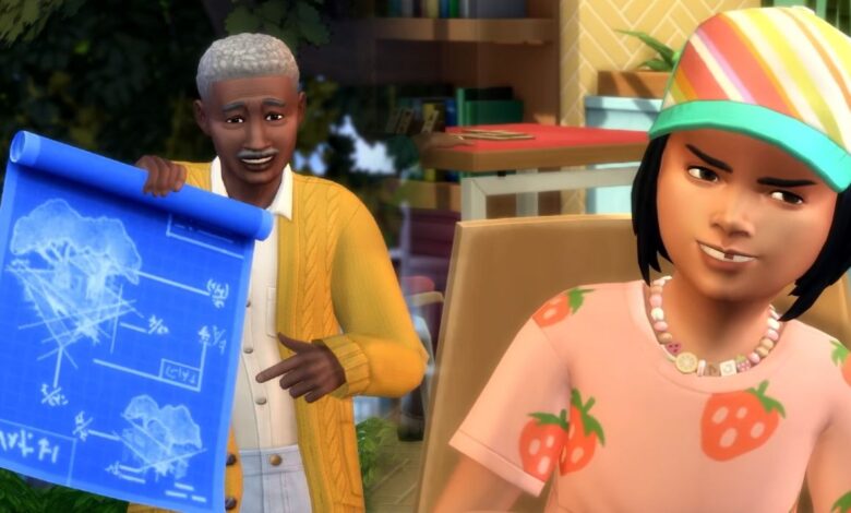 An elderly man holding a blueprint on the left and a young girl in a strawberry shirt looking angry in the Sims 4.