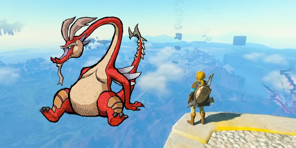 Link looking at a landscape in TOTK, with Valoo from Wind Waker on the side.