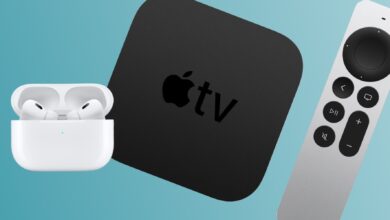 AirPods Pro next to Apple TV 4K and remote