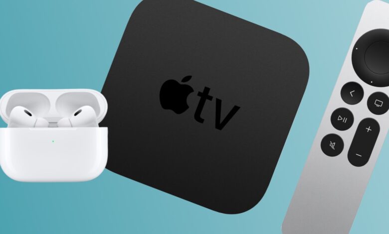 AirPods Pro next to Apple TV 4K and remote