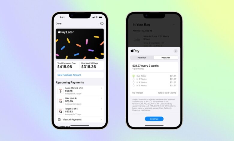 two images of the Apple Pay Later service on an iPhone's screen on a gradient background