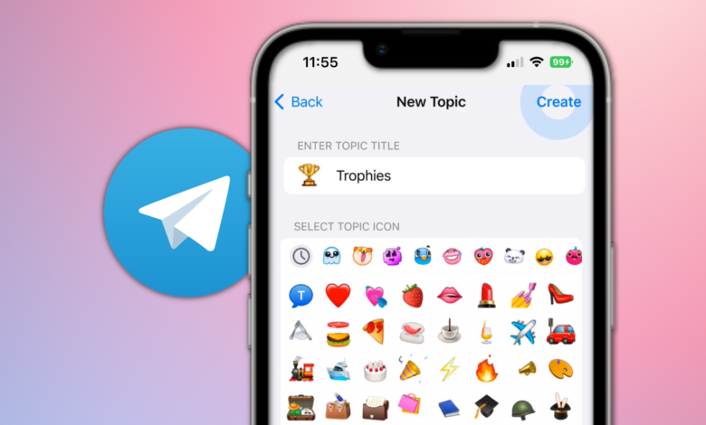 Screenshot of Telegram Topics for Group feature, with Telegram's logo, on a blue-pink background