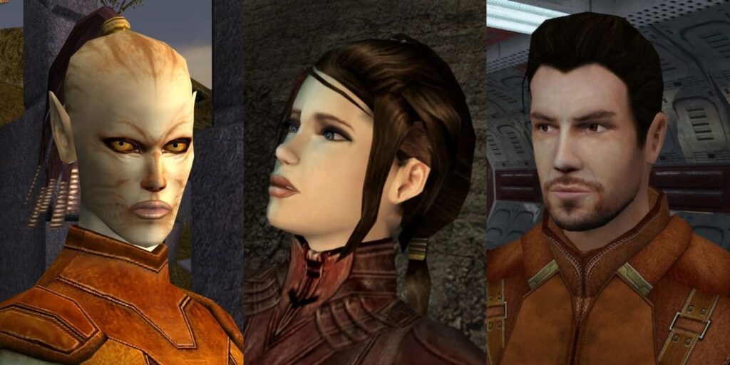 Close-up shots of Juhani, Bastila, and Carth from KOTOR.