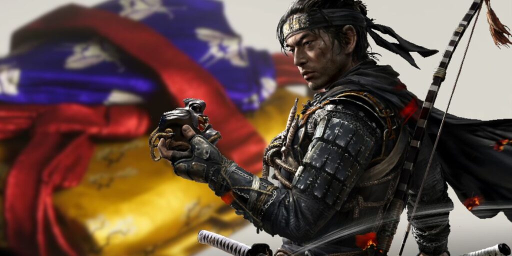 Jin Sakai with Silk in the background in Ghost of Tsushima