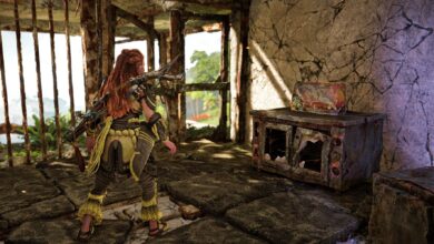 Horizon Forbidden West Burning Shores Aloy Looking At Pangea Figurine In Ruined House