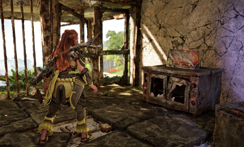 Horizon Forbidden West Burning Shores Aloy Looking At Pangea Figurine In Ruined House