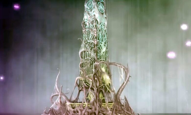 A large stone obelisk covered in runes and strange tendrils glows ominously.