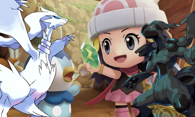 Pokémon Black and White's Legendaries Reshiram and Zekrom overlaid on either side of an artwork depicting Dawn and Piplup from BDSP in the Grand Underground.
