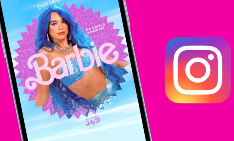 Dua Lipa Barbie poster on iPhone 14 next to Instagram logo