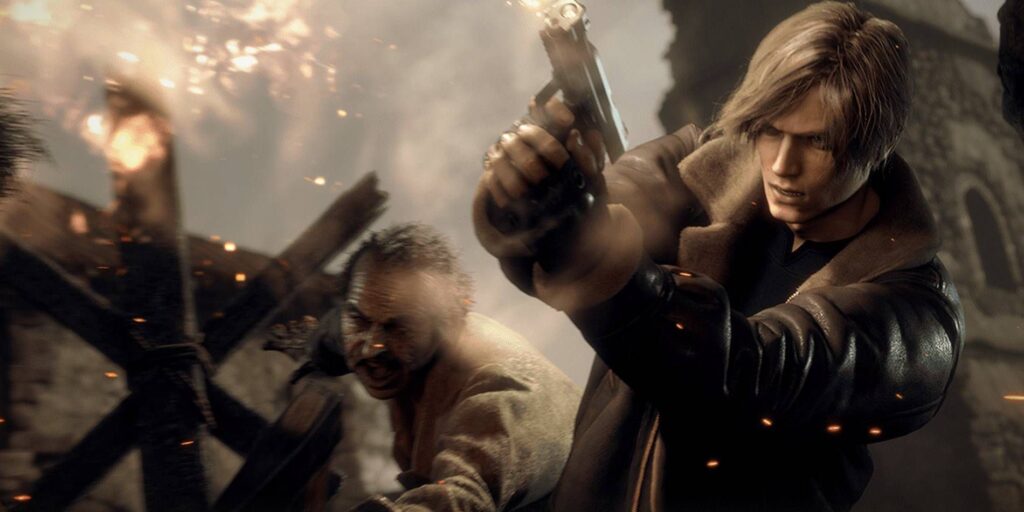 Resident Evil 4 Remake Mercenaries Leon Promotional Image Fighting Against Enemies in Town Stage