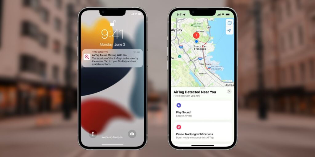 Screenshot of the unwanted location tracking notification on an iPhone's screen along with the Finy My interface