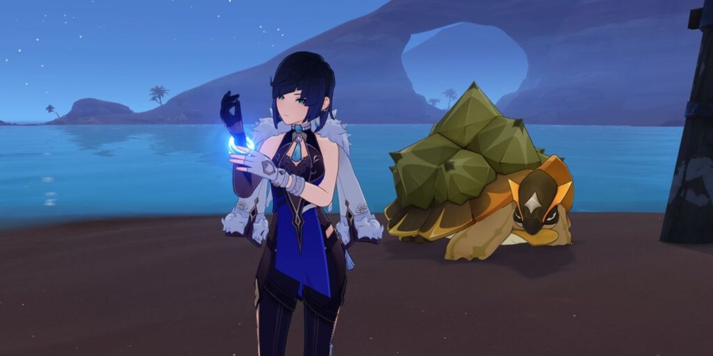 Genshin Impact's Yelan adjusts her bracelet as a Tent Turtoise looks at her. They are on a sandy beach with a cliff in the distance.