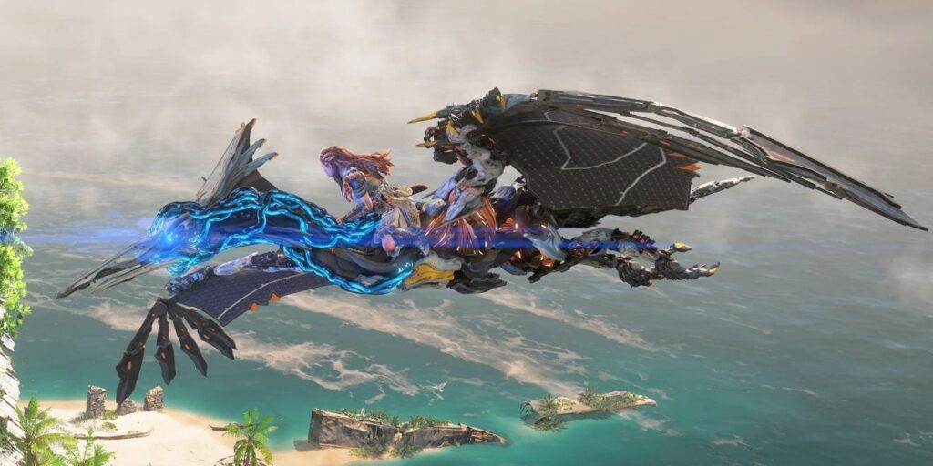 Horizon Forbidden West's Aloy flies on the back of a Sunwing in the Burning Shores DLC. There is a beach down below.