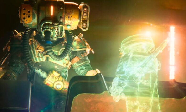 A large, helmeted character looking down onto a hologram projection of a smaller character in a dimly-lit setting in Meet Your Maker.