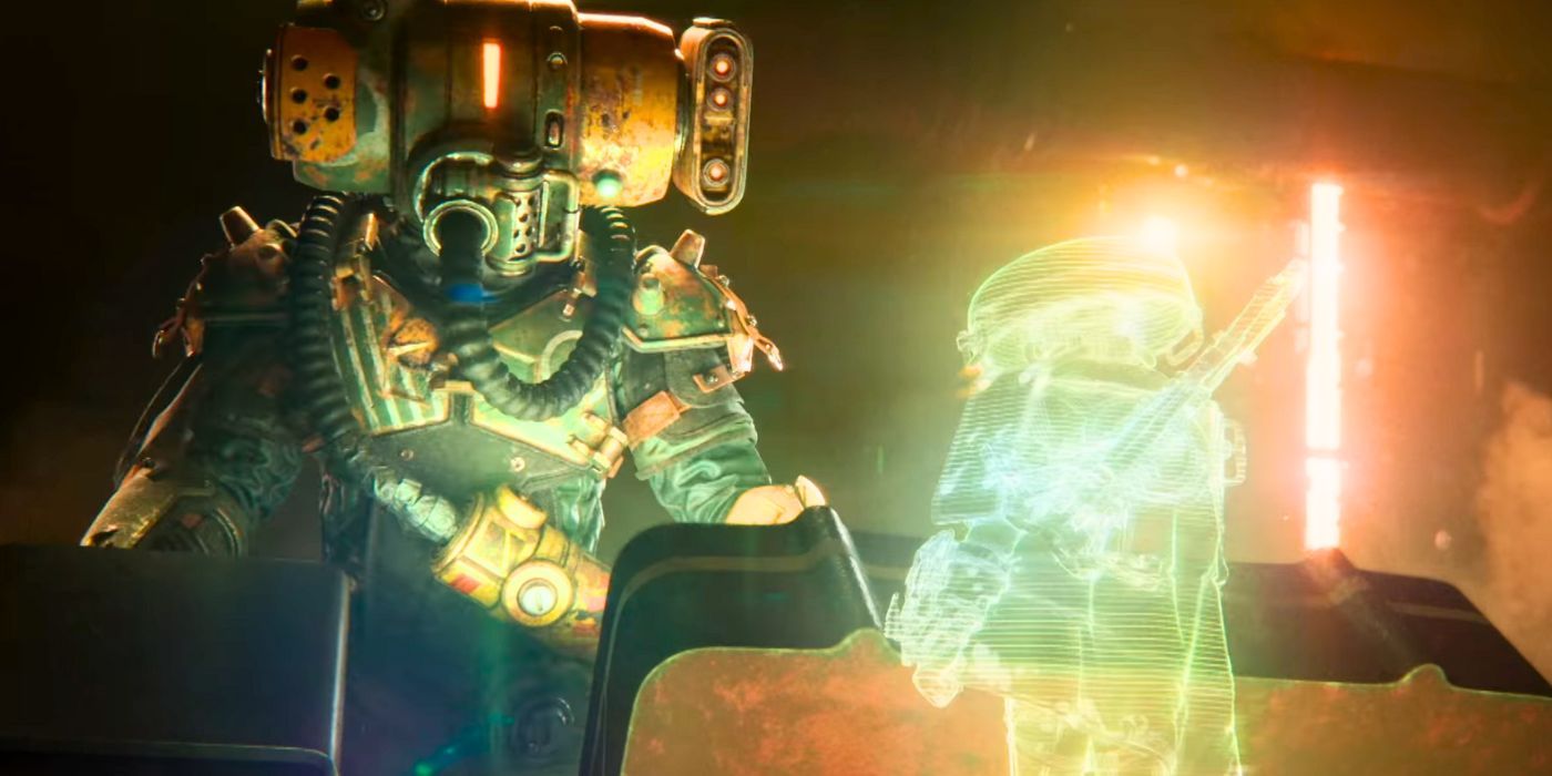 A large, helmeted character looking down onto a hologram projection of a smaller character in a dimly-lit setting in Meet Your Maker.