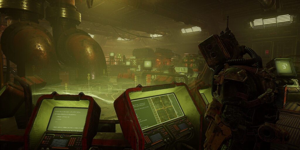 A Raider examines a screen in their sanctuary in Meet Your Maker