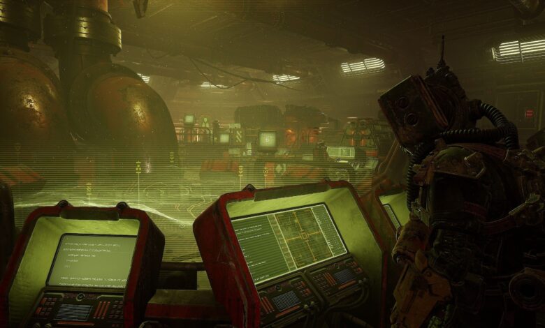 A Raider examines a screen in their sanctuary in Meet Your Maker