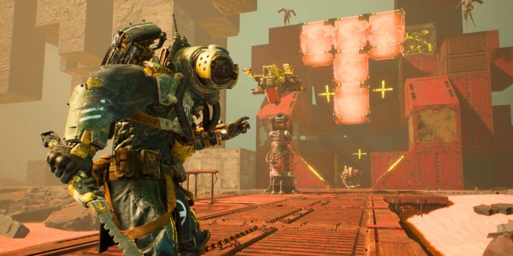 A Custodian standing outside of an Outpost holding a melee weapon in Meet Your Maker.