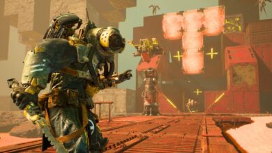 A Custodian standing outside of an Outpost holding a melee weapon in Meet Your Maker.