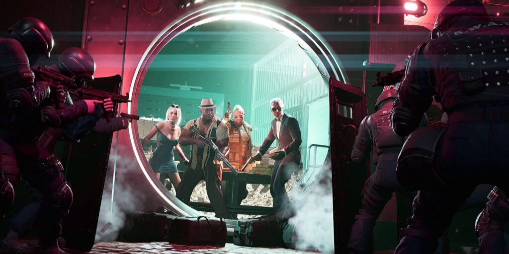 A group of four characters from Rockay City are seen holding weapons while standing inside of a large money vault with a well-armed SWAT team waiting on the other side.