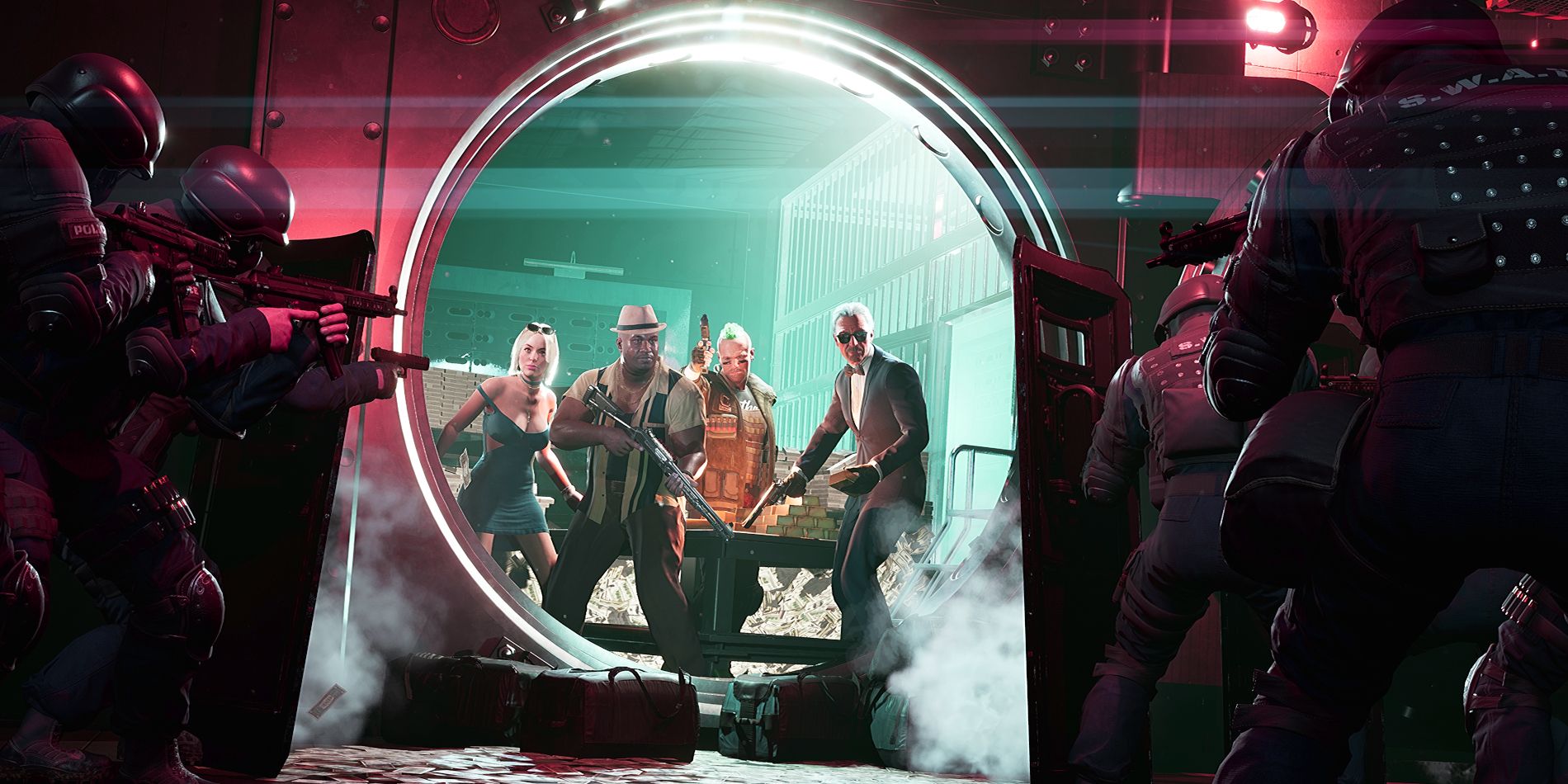 A group of four characters from Rockay City are seen holding weapons while standing inside of a large money vault with a well-armed SWAT team waiting on the other side.