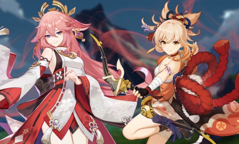 Genshin Impact's Yae Miko to the left and Yoimiya to the right. Behind them is a coral-colored smoke effect and, in the background, a blurred-out landscape with green grass and a blue sky with a few clouds.