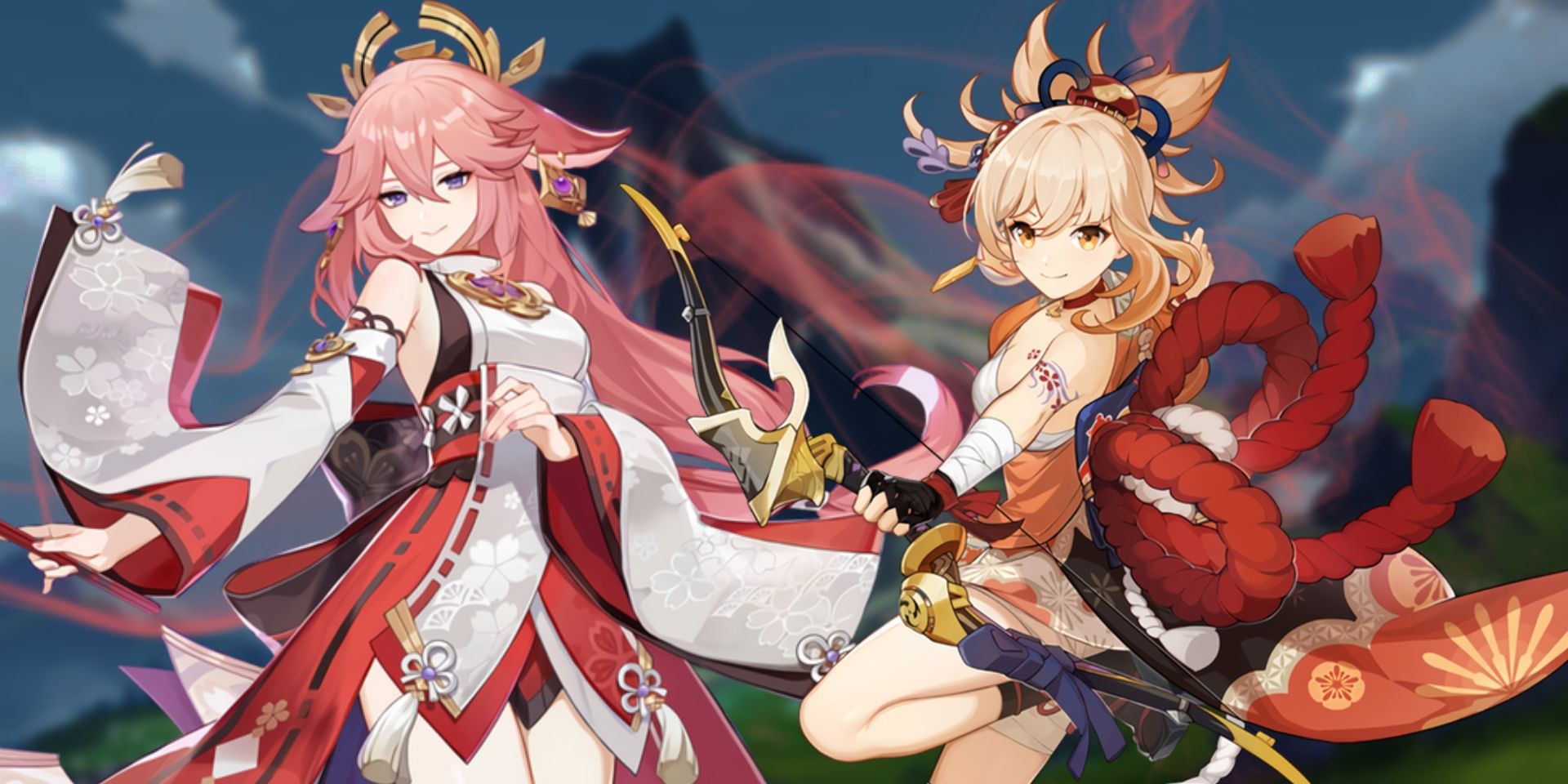 Genshin Impact's Yae Miko to the left and Yoimiya to the right. Behind them is a coral-colored smoke effect and, in the background, a blurred-out landscape with green grass and a blue sky with a few clouds.