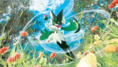 Artwork featuring Meowscarada for the Paldea Evolved expansion set of the Pokémon Trading Card Game.