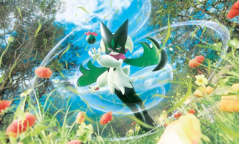 Artwork featuring Meowscarada for the Paldea Evolved expansion set of the Pokémon Trading Card Game.