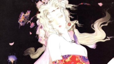 Yoshitaka Amano's artwork of Final Fantasy 6's Tera, a character with blonde hair and a red, pink, and purple dress. There is a purple and pink butterfly near her, along with a purple flower. The background is black.
