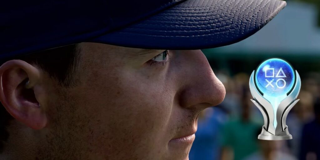 Close-up of a golfer in the trailer for EA Sports PGA Tour, with a PS5 Platinum Trophy.