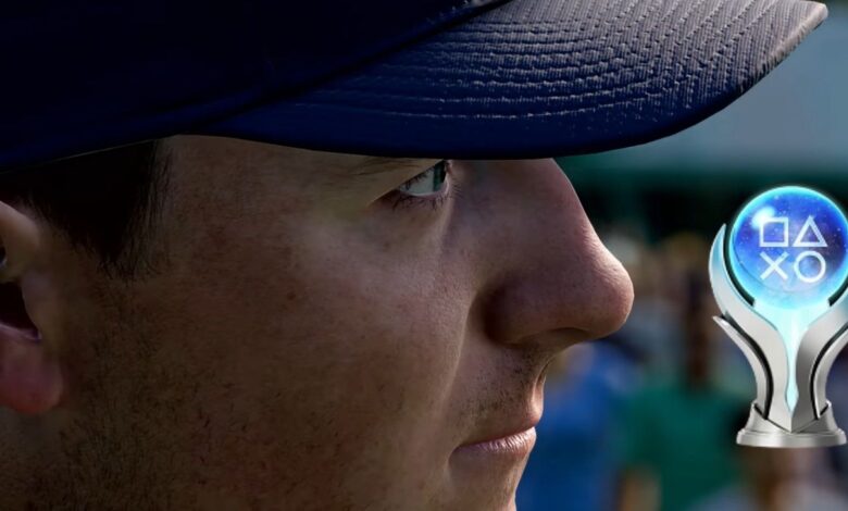 Close-up of a golfer in the trailer for EA Sports PGA Tour, with a PS5 Platinum Trophy.