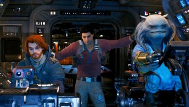 Star Wars Jedi: Survivor cutscene screenshot showing, from left to right, BD-1, Cal, Bode, and Greez all in the cockpit of the Stinger Mantis.
