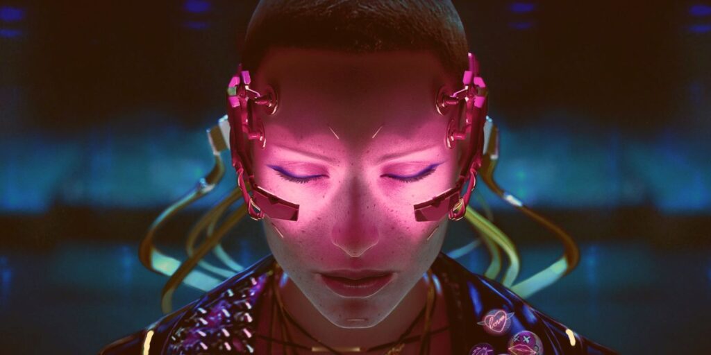 A woman wearing a braindance wreath and closing her eyes in Cyberpunk 2077.