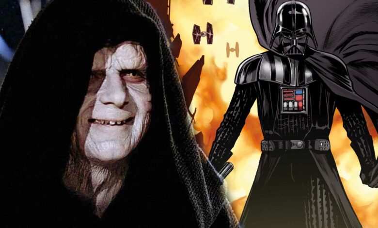 Emperor Palpatine grins at Darth Vader as his apprentice stands among fiery destruction