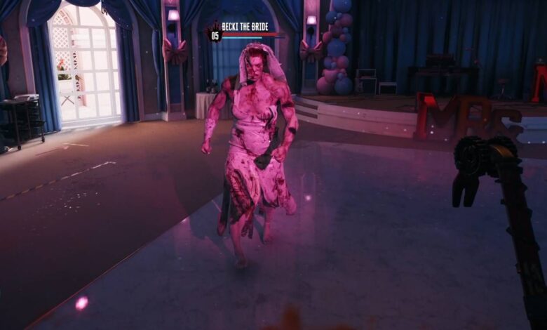 Dead Island 2 Becki the Bride Boss Fight with Enemy Health and Stability Health Shown Player Perspective Screenshot