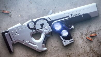 Destiny 2's Hung Jury Drop lies on a concrete floor, with three bullets scattered around it.