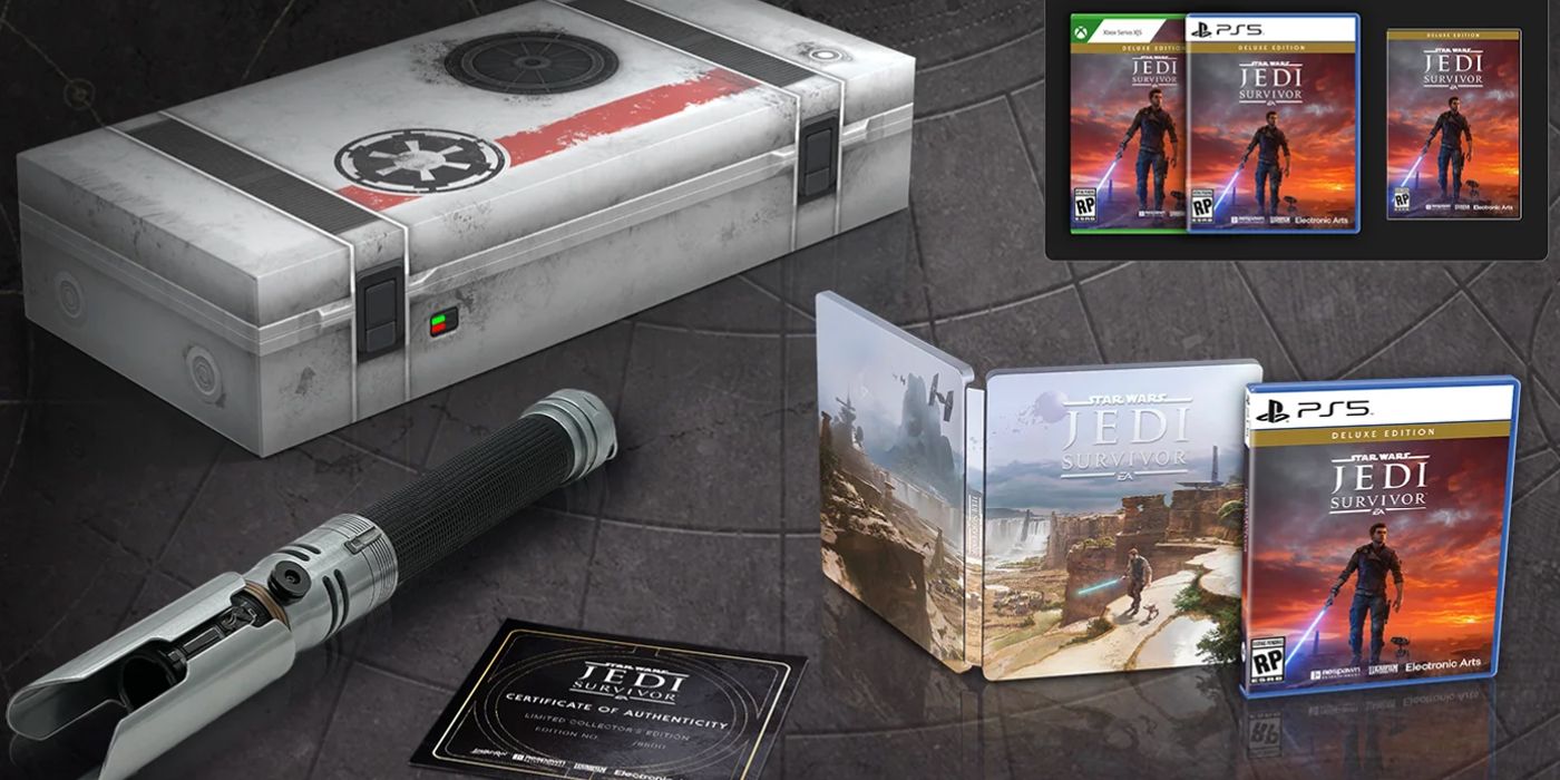 Edición de coleccionista de Limited Run Games de Star Wars Jedi: Survivor con un sable de luz de tamaño real, caja magnética y libro de acero