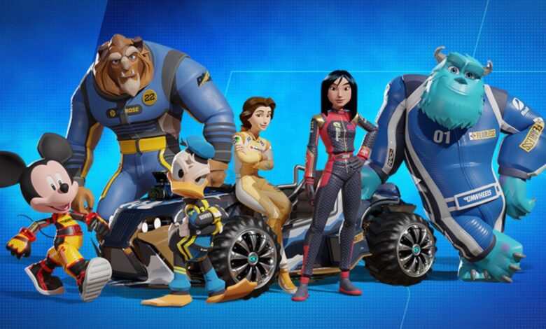 Five characters from Disney Speestorm - Mickey, Donald, Mulan, Sulley, Bell, and the Beast - posing around a race car.