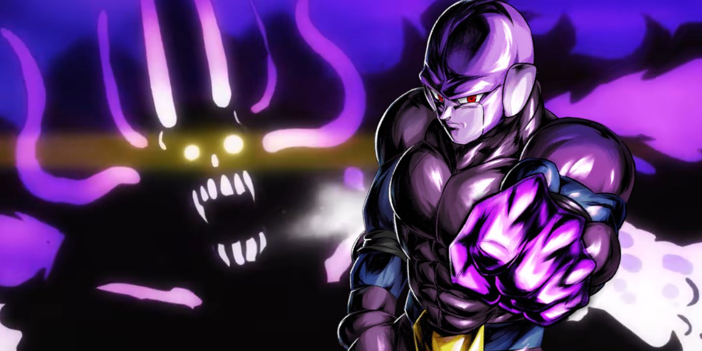 One Piece's Kaido in his scary beast hybrid form on the left side of the image with a well shaded image of Hit from Dragon Ball Super is holding his bright purple fist towards the camera.