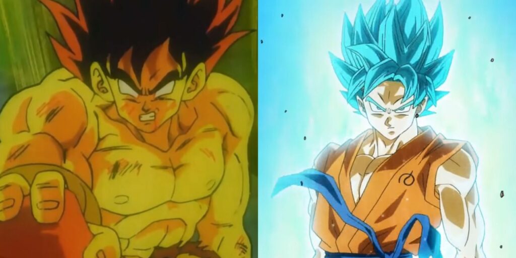 Split image of Goku in his False Super Saiyan Form in Dragon Ball Z and Goku in his Super Saiyan Blue form in Dragon Ball Super