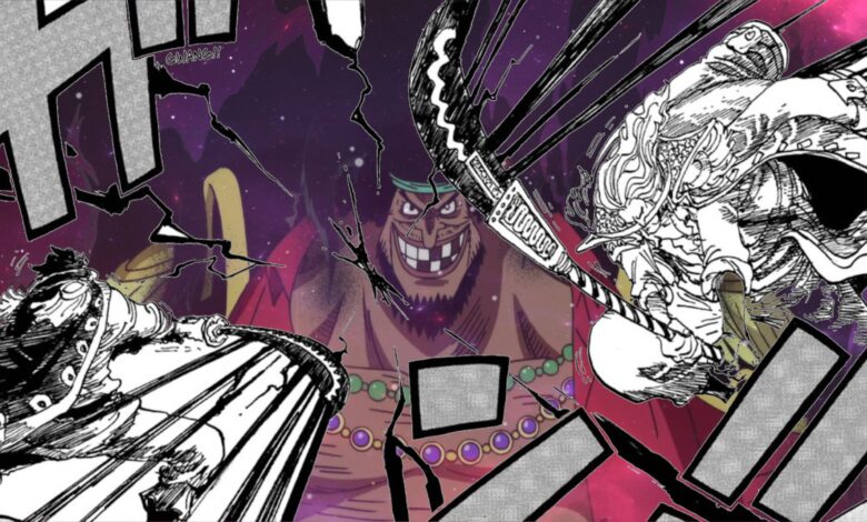 One Piece character's Roger and Whitebeard are swinging their large weapons towards each other and clashing their energies while an image of Blackbeard rests faintly behind them.