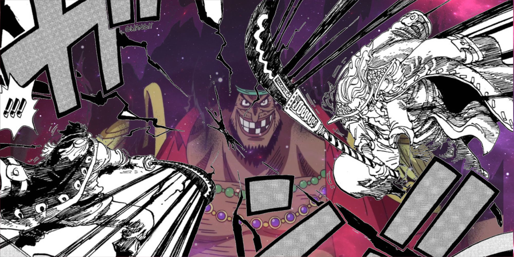 One Piece character's Roger and Whitebeard are swinging their large weapons towards each other and clashing their energies while an image of Blackbeard rests faintly behind them.