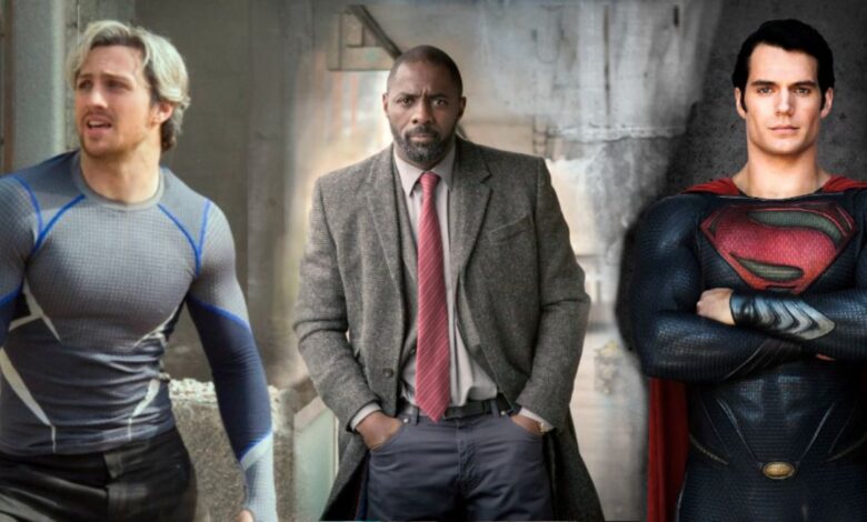 Blended image of Aaron Taylor-Johnson as Quicksilver in Avengers Age of Ultron, Idris Elba as Luther, and Henry Cavill as Superman folding his arms