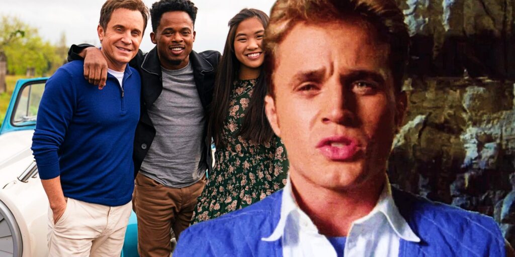 Billy's Radbug car, the cast of Mighty Morphin Power Rangers Once & Always, and Billy in the Power Rangers movie