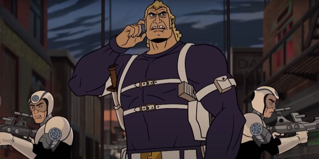 Brock speaking into his earpiece in the Venture Bros. movie