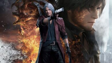 Dante from Devil May Cry 5 overlaid on key art for Final Fantasy 16.