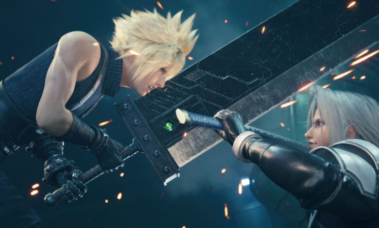 Cloud clashes his oversized buster sword with Sephiroth's katana in combat in Final Fantasy 7 Remake.